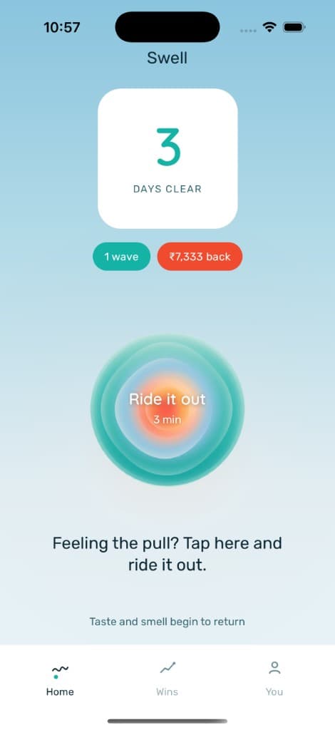 Swell app home screen showing days clear and the ride-it-out button
